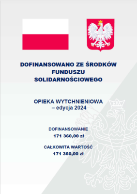 Plakat do naboru w programie "Opieka wytchnieniowa" - edycja 2024 informujący, że program jest dofinansowany ze środków Funduszu Solidarnościowego oraz, że powiat wejherowski uzyskał dofinansowanie w wysokości 171 360,00 zł.