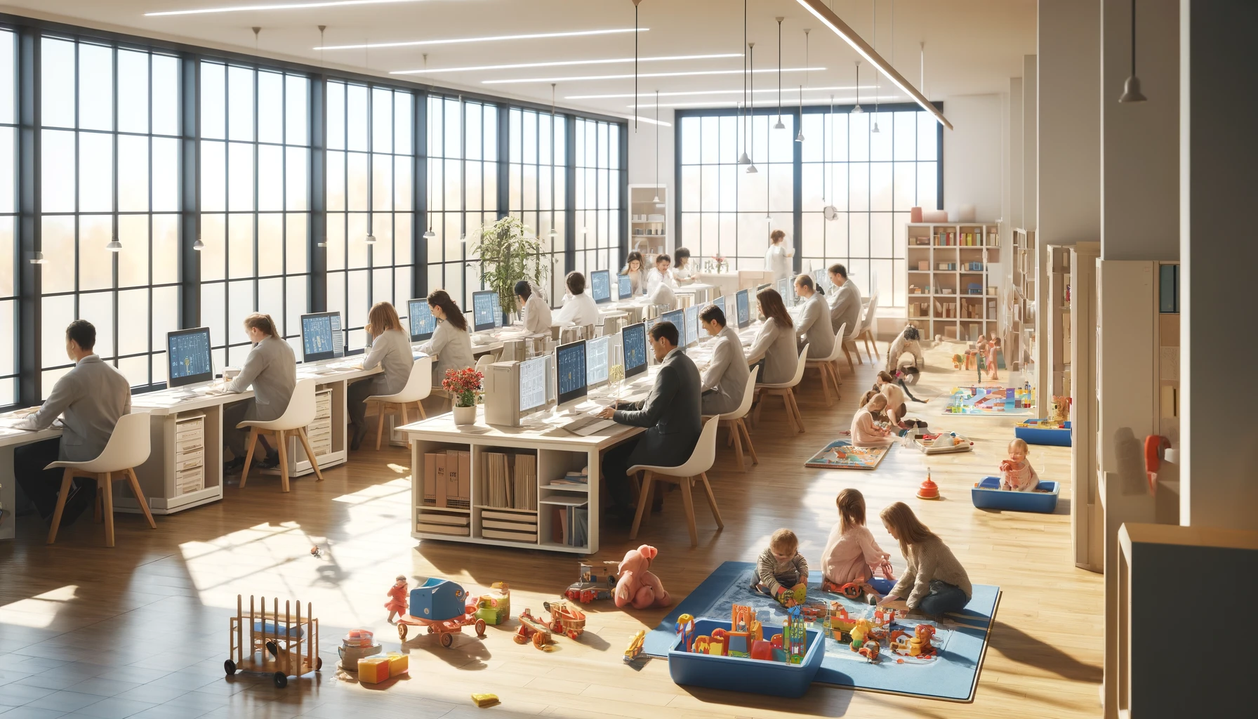 Przestronne, jasne biuro z dużymi oknami i strefą zabaw dla dzieci. Pracownicy przy biurkach z komputerami, a dzieci bawią się w przestrzeni obok.