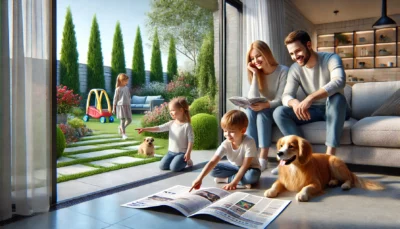 Rodzina w domu z widokiem na ogród. Rodzice siedzą na kanapie, czytając biuletyn, podczas gdy dzieci bawią się z psem na podłodze i w ogrodzie.