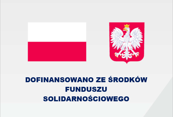 Flaga i godło Polski na szarym tle wraz z niebieskim napisem informującym, że program jest dofinansowany ze środków Funduszu Solidarnościowego.