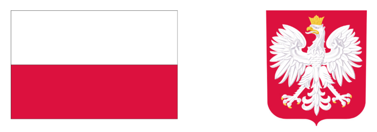Flaga Polski i godło Rzeczypospolitej Polskiej z białym orłem w koronie na czerwonym tle.