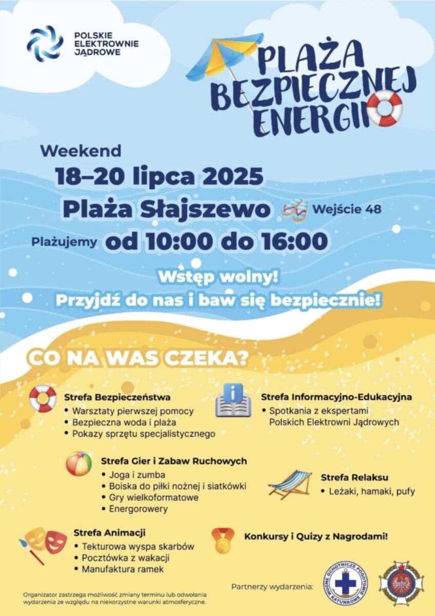 Plakat wydarzenia „Plaża Bezpiecznej Energii” – 27 lipca 2025 w Słajszewie