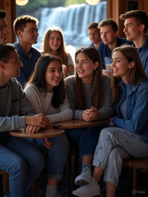 Grupa młodych osób rozmawiających w przyjaznej atmosferze kawiarni z widokiem na wodospad za oknem.