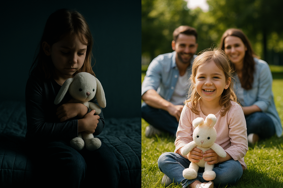 Dwie sceny: dziecko smutne w ciemnym pokoju z zabawką oraz dziecko bawiące się z rodzicami na trawie w parku