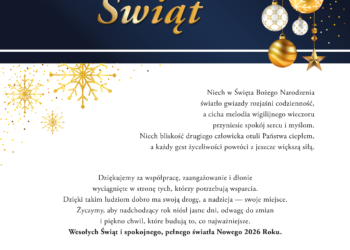 Świąteczna grafika z napisem Wesołych Świąt oraz bożonarodzeniowymi bombkami