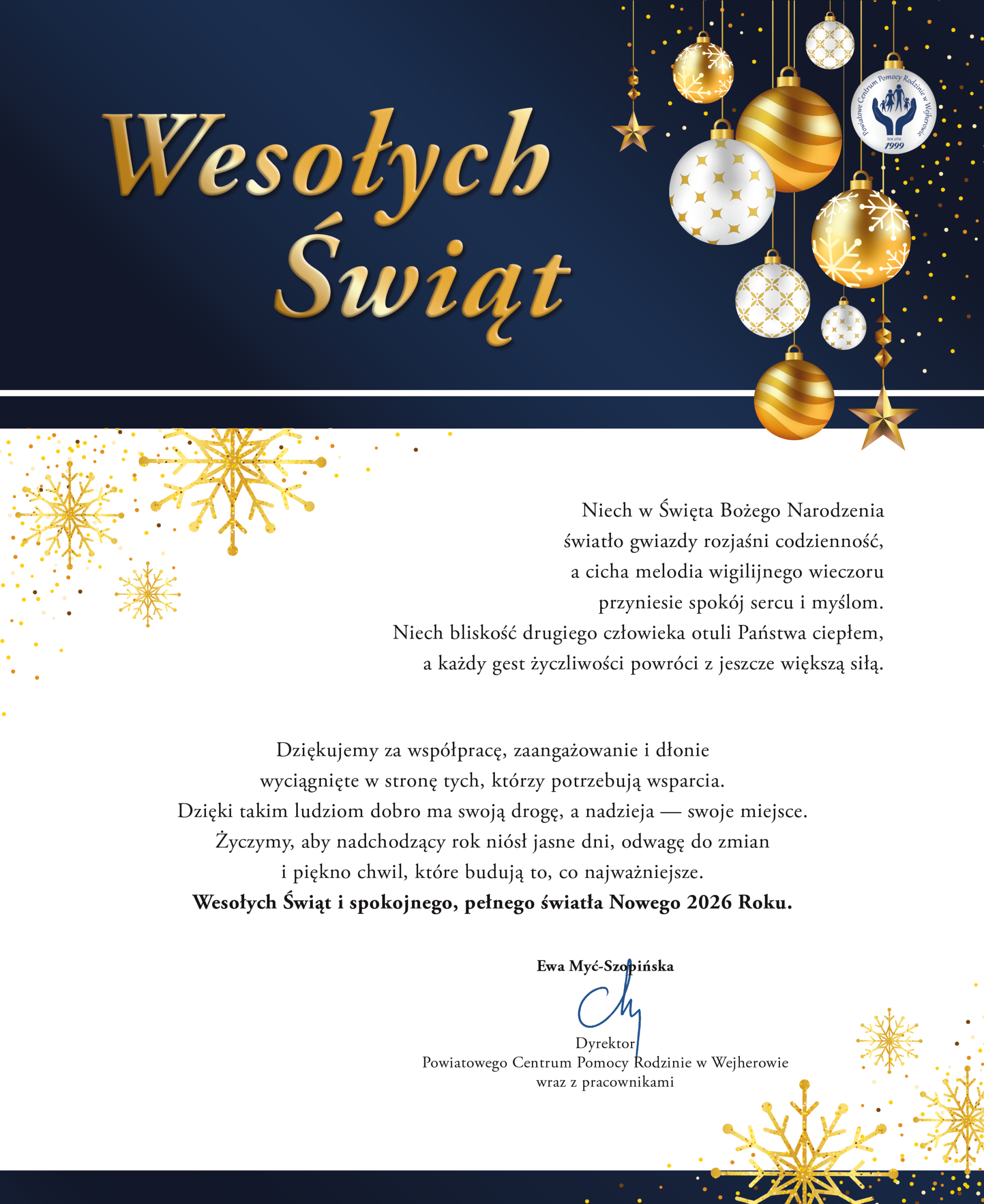 Świąteczna grafika z napisem Wesołych Świąt oraz bożonarodzeniowymi bombkami