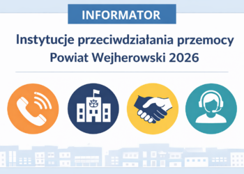 Infografika „Informator – Instytucje przeciwdziałania przemocy, Powiat Wejherowski 2026” z ikonami telefonu, budynku, uścisku dłoni i wsparcia.