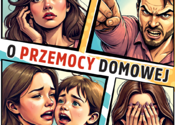 Okładka komiksu O przemocy domowej przedstawiająca kobietę, dziecko oraz agresywnego mężczyznę
