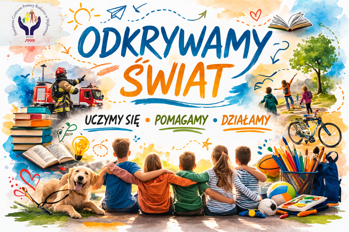 Plakat w żywych, akwarelowych kolorach. Centralnie dominuje duży, niebiesko-pomarańczowy tytuł „ODKRYWAMY ŚWIAT”; bezpośrednio pod nim trzy motywujące hasła oddzielone kropkami: „UCZYMY SIĘ • POMAGAMY • DZIAŁAMY”. Na pierwszym planie, na zielonej trawie, siedzi pięcioro dzieci ustawionych plecami do obserwatora — trzymają się za ramiona, tworząc poczucie wspólnoty. Po lewej stronie przy nich leży uśmiechnięty pies. Przed dziećmi poukładane są stosy książek i otwarta książka, obok kredki, pędzle, plecak i piłka — elementy kojarzące się ze szkołą i zabawą. W górnej części plakatu, w tle, znajdują się niewielkie, ilustracyjne scenki: po lewej strażak obok czerwonego wozu strażackiego; po prawej sylwetki osób spacerujących i rowerzystów przy drzewie. Nad kompozycją widać słoneczko i papierowy samolocik ciągnący przerywaną linię, nadając obrazowi dynamikę i lekkość. W lewym górnym rogu niewielkie okrągłe logo PCPR; w prawym górnym rogu otwarta książka z unoszącymi się drobnymi elementami — symbolem wiedzy i wyobraźni. Całość ma przyjazny, zachęcający nastrój, podkreślający naukę, pomoc i aktywność.