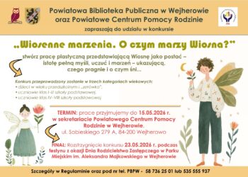 Temat: Plakat informacyjny o konkursie plastycznym „Wiosenne marzenia. O czym marzy Wiosna?”. Układ graficzny: Plakat ma jasne, kremowe tło z kolorowymi elementami dekoracyjnymi w postaci kwiatów, liści, gwiazdek i księżyca. W rogach oraz po bokach znajdują się ilustracje przedstawiające postacie uosabiające Wiosnę – dzieci ze skrzydłami w strojach z motywami roślinnymi. Na górze widoczne są logotypy organizatorów: Powiatowej Biblioteki Publicznej w Wejherowie oraz Powiatowego Centrum Pomocy Rodzinie. Treść plakatu: Tytuł konkursu: „Wiosenne marzenia. O czym marzy Wiosna?” Zadanie: Stwórz pracę plastyczną przedstawiającą Wiosnę jako postać – istotę pełną myśli, uczuć i marzeń – ukazującą, czego pragnie i o czym śni. Kategorie wiekowe: Dzieci w wieku przedszkolnym i „zerówka”. Uczniowie klas I–III szkoły podstawowej. Uczniowie klas IV–VIII szkoły podstawowej. Termin składania prac: Do 15.05.2026 r. w sekretariacie Powiatowego Centrum Pomocy Rodzinie w Wejherowie, ul. Sobieskiego 279 A, 84-200 Wejherowo. Finał: Rozstrzygnięcie konkursu 23.05.2026 r. podczas festynu z okazji Dnia Rodzicielstwa Zastępczego w Parku Miejskim im. Aleksandra Majkowskiego w Wejherowie.
