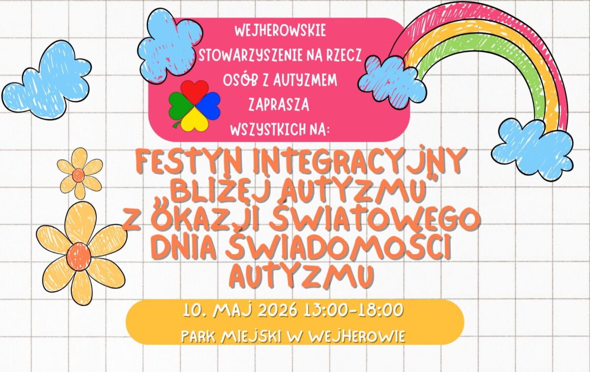 Plakat w formie dziecięcego rysunku na tle w kratkę, przedstawiający chmury, tęczę i kwiaty. Treść: Wejherowskie Stowarzyszenie na rzecz Osób z Autyzmem zaprasza na Festyn Integracyjny „Bliżej Autyzmu”. Wydarzenie odbędzie się 10 maja 2026 r. w godzinach 13:00–18:00 w Parku Miejskim w Wejherowie. W górnej części logo stowarzyszenia – kolorowa koniczyna.