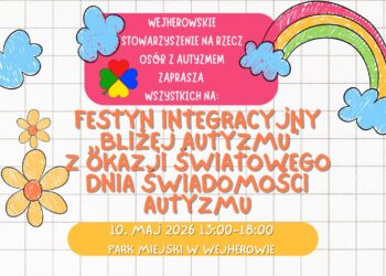 Plakat w formie dziecięcego rysunku na tle w kratkę, przedstawiający chmury, tęczę i kwiaty. Treść: Wejherowskie Stowarzyszenie na rzecz Osób z Autyzmem zaprasza na Festyn Integracyjny „Bliżej Autyzmu”. Wydarzenie odbędzie się 10 maja 2026 r. w godzinach 13:00–18:00 w Parku Miejskim w Wejherowie. W górnej części logo stowarzyszenia – kolorowa koniczyna.