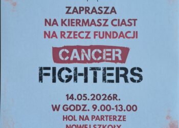 Plakat informujący o kiermaszu ciast na rzecz Fundacji Cancer Fighters, organizowanym przez SOSW nr 1 w Wejherowie 14 maja 2026 roku w godzinach 9.00-13.00.